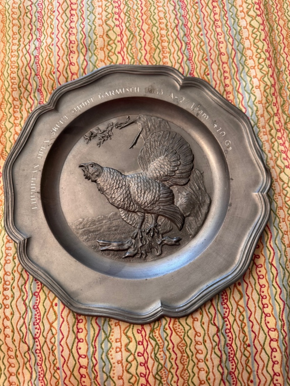 Vintage 1965 Garmisch Germany Pewter Skeet Shoot Trophy Plate Auerhahn 9”